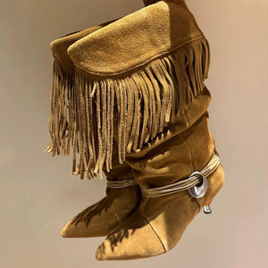 Stivaletti pieghettati Turn Over a pieghe tacchi <span class=keywords><strong>bassi</strong></span> da donna con frange di nappa scarpe stile retrò punta in Suede a punta stivaletti corti - Product Image 2