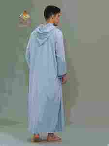 Al Haramain <b>Men's</b> Hooded <b>Thobe</b> Long Sleeve Cotton Floor Length Modest Prayer Robe Solid Light Blue Morocco style - Product Image 3