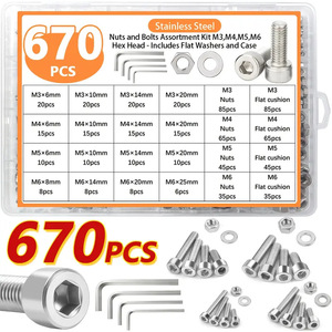 670Pcs Stainless Steel Socket Head <b>Cap</b> Screw Nut Set M3 M4 M5 M6 Hex <b>Bolts</b> With Flat Washers And Case - Product Image 1