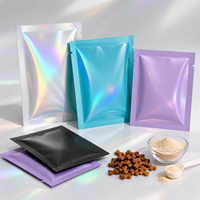 Pochettes plates personnalisées holographiques renforcées métallisées à trois soudures latérales pour l'emballage de friandises et de compléments pour animaux de compagnie