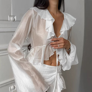 Conjunto <span class=keywords><strong>de</strong></span> Moda Elegante para Mujer, Primavera 2026, Estilo Europeo Americano, Camisa Corta Transparente <span class=keywords><strong>de</strong></span> Manga Larga, <span class=keywords><strong>Falda</strong></span> con Volantes <span class=keywords><strong>de</strong></span> Cintura Alta - Product Image 3