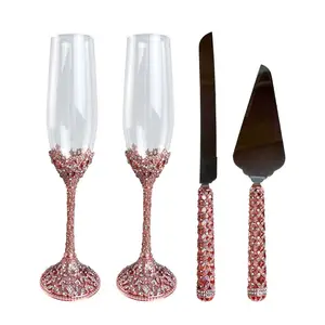 Rose Gold Diamond Inlay Wedding party Champagne Goblet Set Champagne Glass Flutes Hộp quà tặng với bánh dao xẻng
