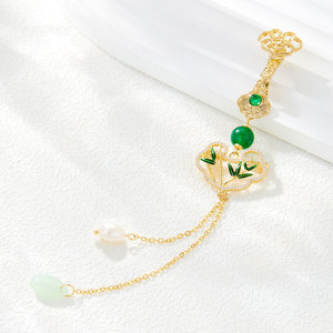 Chinese Style Ruyi Bamboo Leaf Brooch With Freshwater Pearl Imitation Jade Pendant Women's Fashion Accessory Gift - Product Image 4