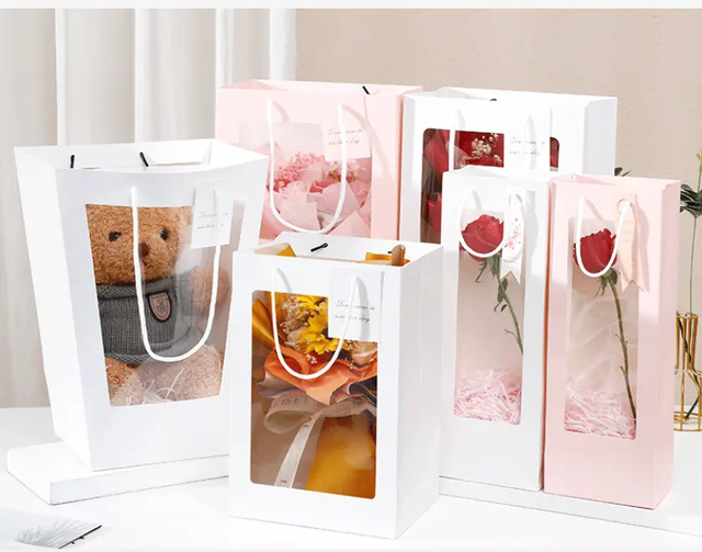 Personalized Size Customization Cardboard Paper Bag with clear Window for Toys Flowers Wine Gift Wrapping