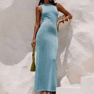 Nuevo Vestido Maxi Metálico de Punto para Mujer, Sin Mangas, Cuello Redondo, Ajustado, para Fiesta - Product Image 1