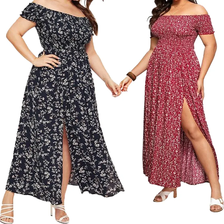 Bohemian off shoulder split 100% Viscose beach party long sundress casual floral plus size summer maxi women dress 2022