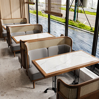 Restaurant asiatique de haute qualité en bois massif rotin cuir canapé cabine salle à manger table en marbre et chaises ensemble de meubles commerciaux
