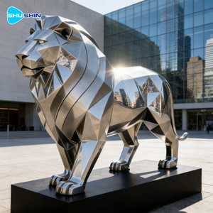Escultura Moderna de <span class=keywords><strong>León</strong></span> Geométrico en Acero Inoxidable Pulido, Tamaño Real, para Jardín, Parque o Césped - Product Image 1