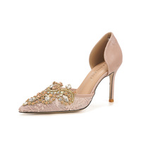 Escarpins à talons hauts pour femmes, en dentelle et strass, à bout pointu et ajourés, pour mariage, mariée et soirée