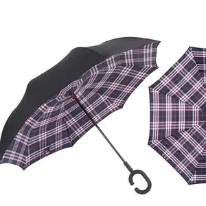 패션 체크 저렴한 더블 레이어 거꾸로 거꾸로 자동차 우산 방수 방풍 C 핸들 역방향 우산 파라솔