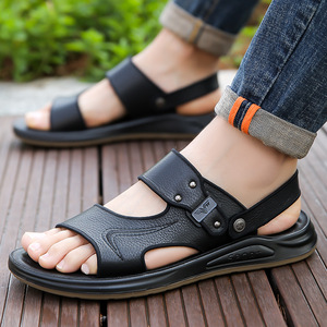 Sandalias planas de cuero suave para hombre, suela gruesa, antideslizantes, zapatos de playa, color marrón, negro, para jóvenes de 18 a 40 años - Product Image 4