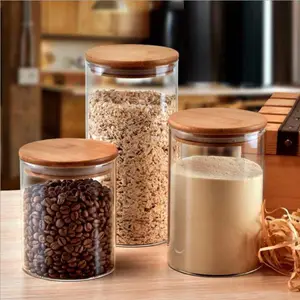 Eco-friendly borosilicate cookie candy honey food glass storage jar with airtight bamboo lid storage tank Storage