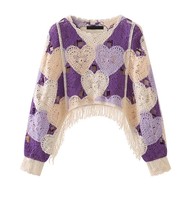 Pull tricoté personnalisé pour femme à col rond, motif cœur ajouré au crochet, color block et ourlet à pompons, faible MOQ