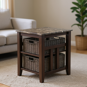 Zoey Faux Marble Top <b>Side</b> Table With 2 Baskets Living Room Furniture - Product Image 2