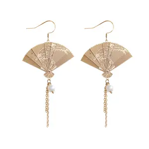 Boucles d'oreilles en forme d'éventail pliant pour femme, Style chinois, 1 paire, Simple, prévention des allergie, crochet pour l'oreille