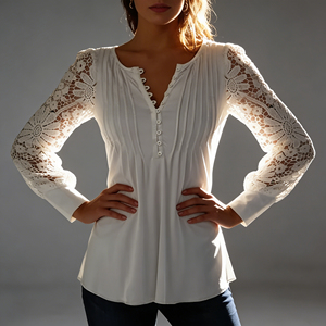 Blusa Casual de Oficina para Mujer, Elegante, con Mangas de Encaje Blanco, Talla Grande, Cuello en V, Corta, con Botones, Transpirable y Ligera - Product Image 1