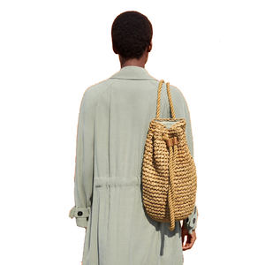 Mochila de Moda Tejida a Crochet con Paja Marrón, Cuero <span class=keywords><strong>PU</strong></span>, Grande, Linda, con Cierre, Correas de Cuerda de Algodón Hechas a Mano con Rayas - Product Image 4