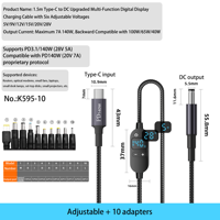 Adaptador USB C a CC de 140W, Cable disparador PD de 3,3 pies con 10 puntas de conector, Cable de alimentación USB a CC, interruptor de presión de voltaje con pantalla LED