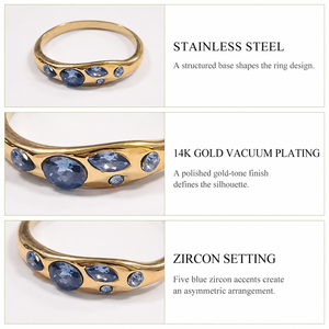 Blue Zircon Organic Band <b>Ring</b> Stainless Steel 14K Gold Vacuum Plated Mixed Shape Asymmetric <b>Ring</b> - Product Image 3