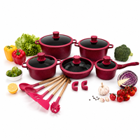 Ensemble de casseroles et poêles en marbre antiadhésif personnalisé avec logo, 17 pièces, rouge rose, pour cuisinière à induction, pour la cuisine à domicile
