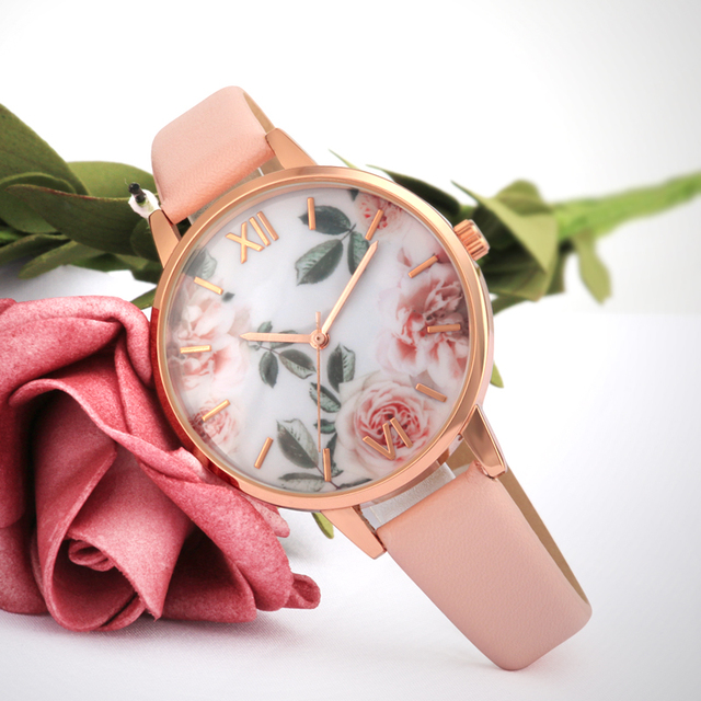 Wholesale Fashion Ladies Flower Dial Leather Women Rose Gold Watch Reloj De Mujer Kol Saatleri