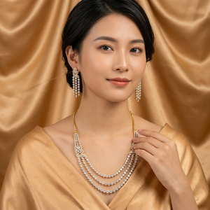Conjunto de Collar y Pendientes de Latón de Lujo con Baño de Rodio, Gargantilla de 3 Capas con Circonitas, Joyería Nupcial India para Mujer, para Bodas - Product Image 2