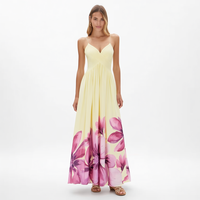Robe longue plissée jaune personnalisée pour femme, taille empire, col en V profond, bretelles spaghetti, imprimé floral aquarelle, idéale pour les vacances d'été et les stations balnéaires