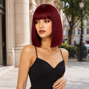 Peluca sintética corta tipo bob de 12 pulgadas, color rojo vino, con flequillo, resistente al calor, para mujer, moda, <span class=keywords><strong>cosplay</strong></span>, uso diario, peluca completa, venta al por mayor - Product Image 5