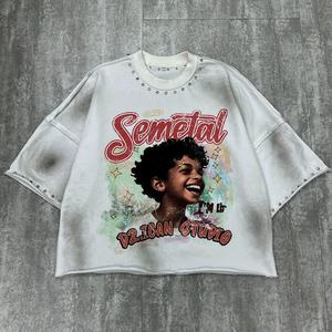 T-shirt pour homme en coton lourd délavé à l'acide, surdimensionné, style streetwear, avec strass - Product Image 3