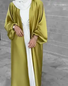 欧洲性感粉扑袖开衫女士实心穆斯林迪拜和服长袍土耳其阿拉伯阿曼伊斯兰服装热卖