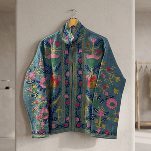 <b>Hand</b> Embroidered Vintage Floral Velvet Finished Eco-friendly Quilted Jacket Stand Collar Full Sleeve Lightweight Spring Women's - Product Image 3