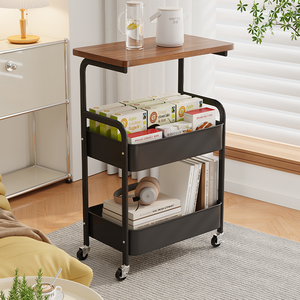 Rolling Cart with Wooden Tabletop 3 Tier Metal Utility Cart Rolling Storage Organizer Cart with Lockable Wheels for Kitchen - Product Image 3