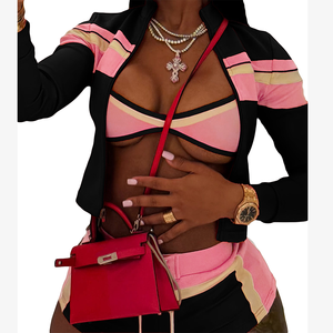 <span class=keywords><strong>Set</strong></span> di pantaloncini sportivi in colore a contrasto con cerniera 2025 donna <span class=keywords><strong>Cardigan</strong></span> Cropped reggiseno <span class=keywords><strong>top</strong></span> Shorts 3 pezzi - Product Image 6