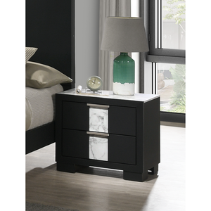 Comodino Contemporaneo Nero con Due Cassetti, Maniglie in Metallo, Bianco e Nero, Arredamento Camera da Letto in Legno - Product Image 3