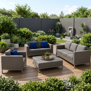 Modern Outdoor <b>Sofa</b> <b>Set</b> Gray Fabric <b>Cushion</b> Back Metal Legs Courtyard Sectional Furniture - Product Image 2