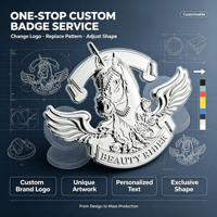 Badge métallique 3D personnalisé en relief, logo ailes de licorne, placage durable, certifié ISO, conception gratuite, faible MOQ, cadeau de collection, OEM