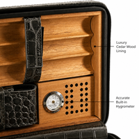 Étui de voyage pour cigares en cuir de crocodile de luxe, 8 cigares, portable, avec fermeture éclair, hygromètre intégré, doublure en bois de cèdre espagnol