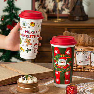 Wholesale Christmas <b>Ceramic</b> Mug Coffee Travel Mug Christmas Tumbler <b>Cup</b> with Silicone Lid - Product Image 3
