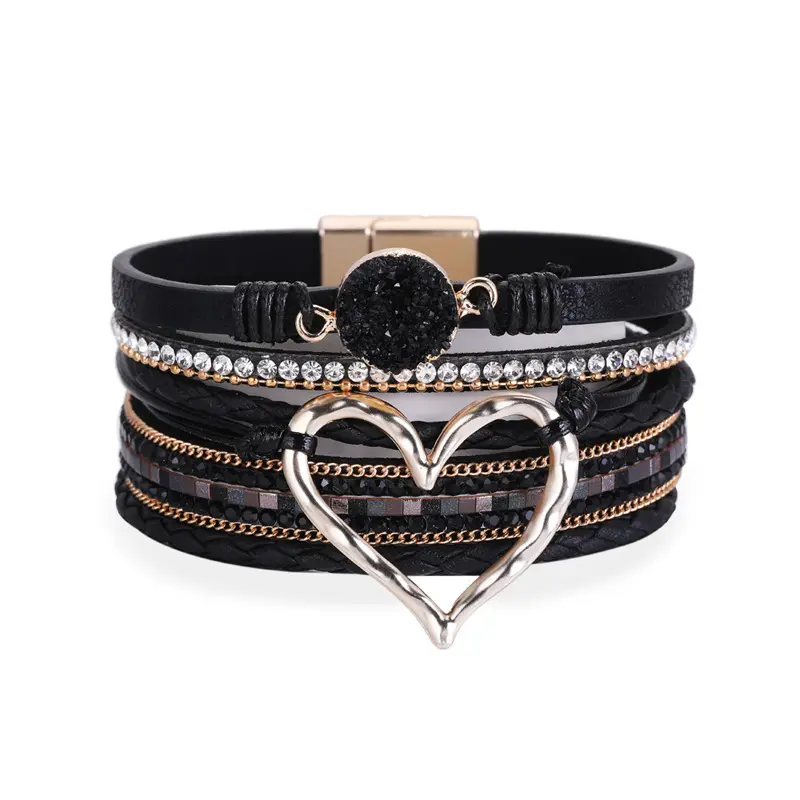 NUORO Boho Heart Modern Bracelet With Magnetic Clasp Cuff For Women Man Crystal Multilayer Wrap Leather Bracelet