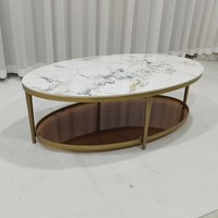 Table basse ovale en marbre avec base en acier inoxydable doré et étagère de rangement