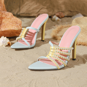 Sandalias de tacón alto estilo francés, elegantes, con tacón de aguja, sexys, con bloques de color, punta puntiaguda, con tiras, con cuentas y punta abierta - Product Image 4