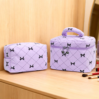 Trousse de Maquillage en Velours Côtelé 2 Pièces Grande Capacité Portable avec Imprimé Nœud et Poignée Rembourrée, Sac de Voyage pour Femmes