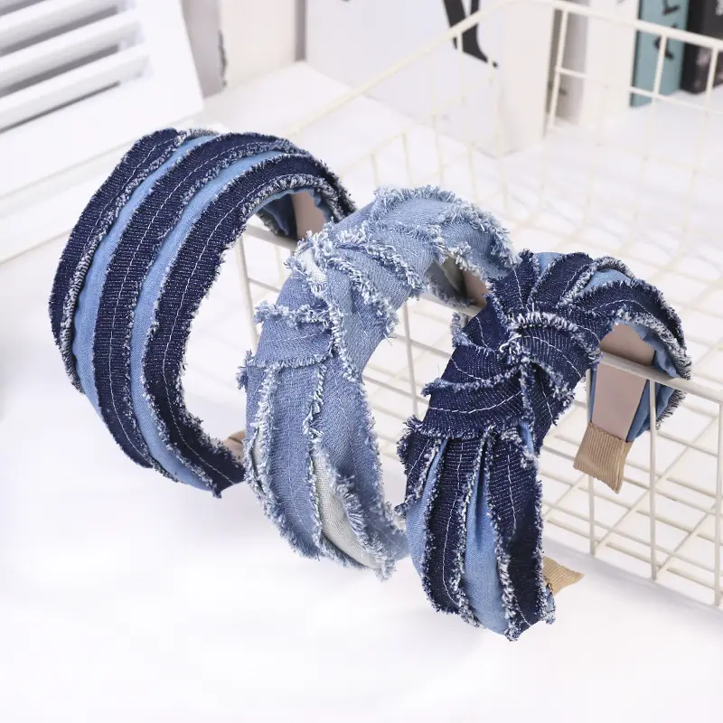 INS tarzı Retro saç süsü düğüm kafa bandı kovboy geniş kafa çember kaba Jean Hairband mavi Denim kadınlar için Headbands