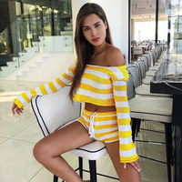 Tenues à rayures pour femmes, ensembles deux pièces grande taille, ensembles deux pièces pour femmes, vêtements d'été et d'automne, hauts courts à manches longues et ensembles de shorts