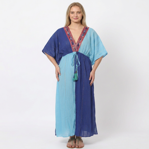 Blue Color Blocked Maxi Dress V-Neck Cap Sleeve Chiffon Tassel Detail Vacation Style Empire Gown Summer Wear - Product Image 1