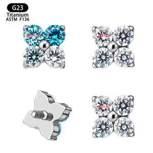 Boucles d'oreilles clous en titane F136 avec zircon, motif trèfle à quatre feuilles, forme fleur, 4 mm, bijoux de piercing - Product Image 5