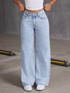 Pantalon droit pour <span class=keywords><strong>femme</strong></span> de haute qualité, respirant, à séchage rapide, coupe ample, jean décontracté à jambes larges, jean d'été - Product Image 1