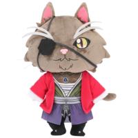 Peluche chat pirate cool avec un pansement sur l'œil, vêtu d'une veste rouge et d'un pantalon violet, jouet en peluche doux de personnage de dessin animé