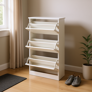 Scarpiera a 3 livelli in legno bianco con anta a ribalta, mobile contenitore da ingresso dal design moderno e minimalista, mobile autoportante per la casa - Product Image 2