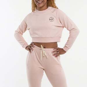 Mode rose Logo personnalisé broderie polaire pull coton polaire manches raglan pull col rond blanc culture sweat femmes - Product Image 5